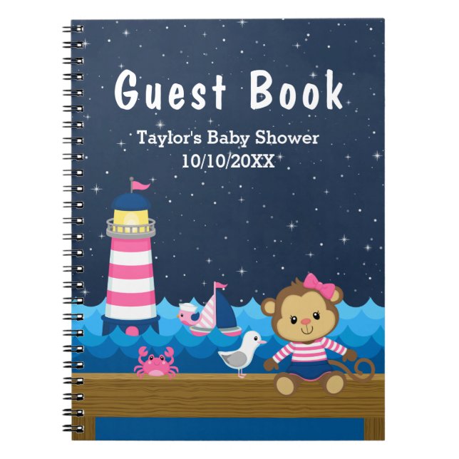 Nautical Girl Monkey Rosa Baby Shower Guest Bok Anteckningsbok (Framsidan)