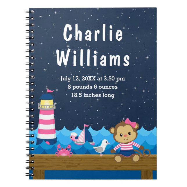 Nautical Girl Monkey Rosa Navy Birth Statistics Anteckningsbok (Framsidan)