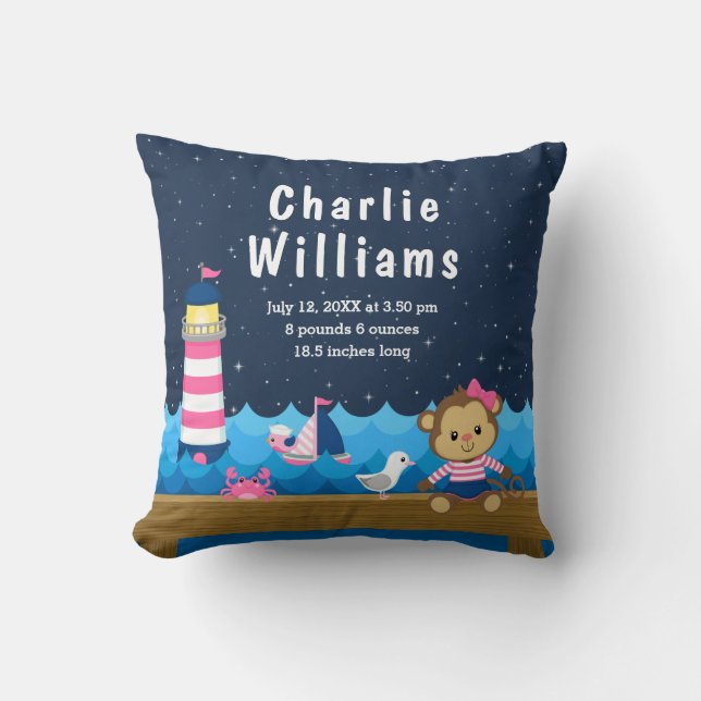 Nautical Girl Monkey Rosa Navy Birth Statistics Kudde (Framsida)