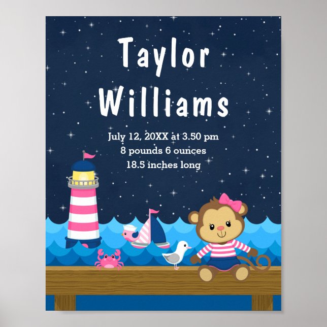 Nautical Girl Monkey Rosa Navy Birth Statistics Poster (Framsidan)