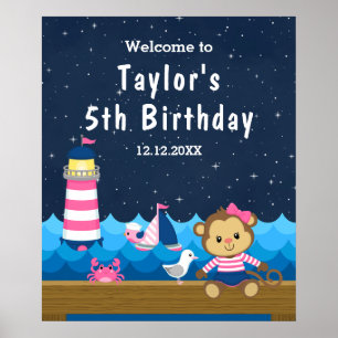 Nautical Girl Monkey Rosa Navy Birthday Välkommen Poster