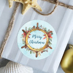 Nautical God jul Frakt Wheel Runt Klistermärke<br><div class="desc">Denna nautisk God jul-dekal har en frakt med vattenfärg som är dekorerad för helgdagarna, på en akvafblått vattenfärgsbakgrund i struktur. Det är perfekt för kuvertförseglingar, märkre för gåvor, dekoration med mera. Kolla in insamlingen för matchande produkter och säg mig gärna genom Zazzle-Chattan om du behöver en speciell produkt eller designtsvaghet....</div>