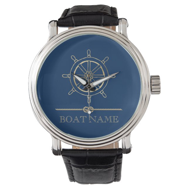 Nautical Gold Boat Wheel, Marinblå    Armbandsur (Framsida)