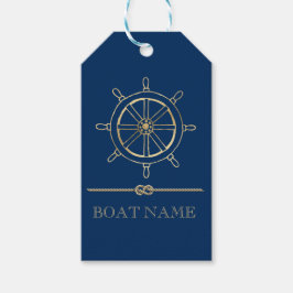 Nautical Gold Boat Wheel, Marinblå Presentetikett