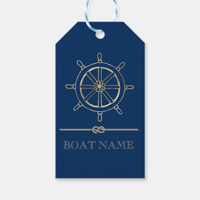 Nautical Gold Boat Wheel, Marinblå  Presentetikett (Framsidan)