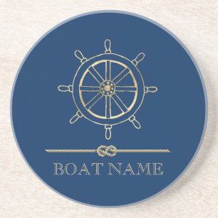 Nautical Gold Boat Wheel, Marinblå Underlägg