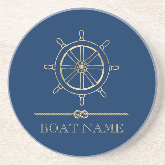 Nautical Gold Boat Wheel, Marinblå    Underlägg (Framsidan)