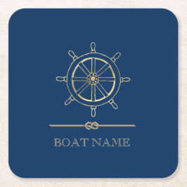 Nautical Gold Boat Wheel, Marinblå Underlägg Papper Kvadrat