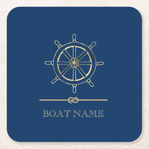 Nautical Gold Boat Wheel, Marinblå Underlägg Papper Kvadrat