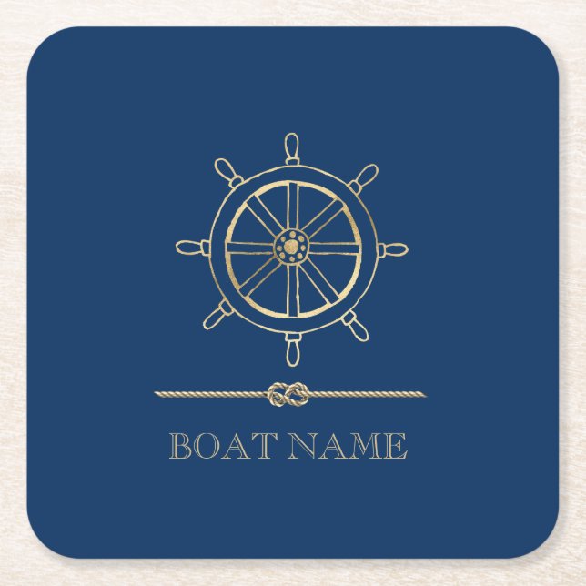 Nautical Gold Boat Wheel, Marinblå    Underlägg Papper Kvadrat (Framsidan)