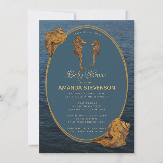 Nautical Gold Sjöhästar Blå Ocean Bebis Shower Inbjudningar (Framsida)