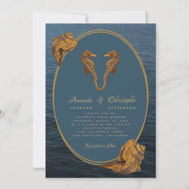 Nautical Gold Sjöhästar Havs Sniglar Strand Bröllo Inbjudningar (Framsida)