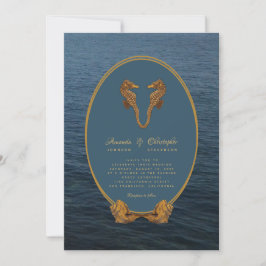 Nautical Gold Sjöhästen Dans Strand Bröllop Inbjudningar