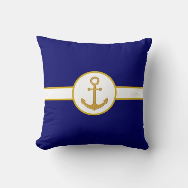 Nautical Golden Anchor on Navy Blue & White Kudde (Framsida)