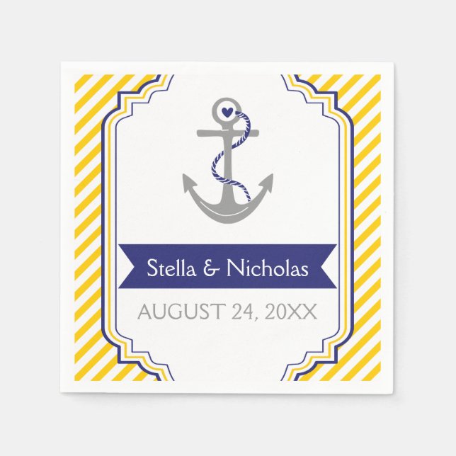 Nautical grått anchor navy blue, gult bröllop pappersservett (Framsidan)