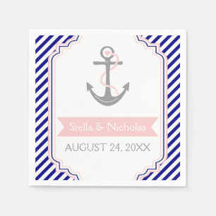 Nautical grått anchor rosa navy blue white bröllop pappersservett