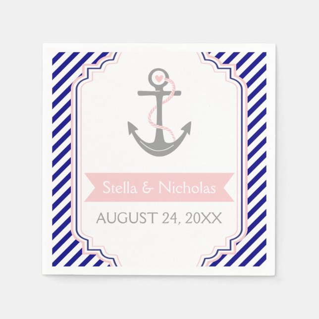 Nautical grått anchor rosa navy blue white bröllop pappersservett (Framsidan)