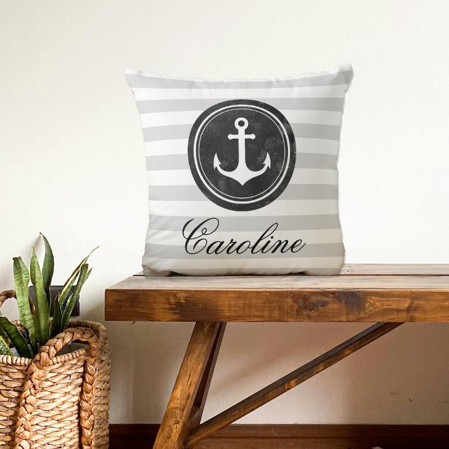 Nautical Grått, Black, White Rand Anchor Kudde (Skapare uppladdad)