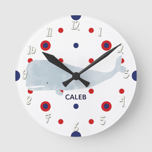 Nautical Grått Watercolor Whale Red Blue Namn Rund Klocka (Framsida)