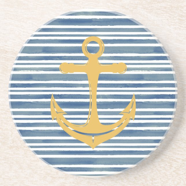 Nautical Guld Anchor Blue Rand Sandstone Underlägg (Framsidan)