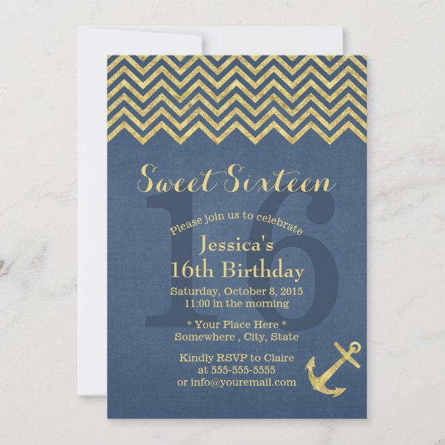 Nautical Guld Anchor Chevron Rand Sweet 16 Inbjudningar (Framsida)