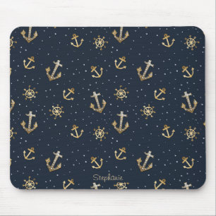 Nautical Guld Anchor & Helm Mönster på Blue Musmatta