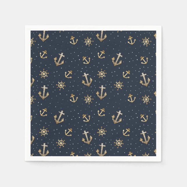 Nautical Guld Anchor & Helm Mönster på Blue Pappersservett (Framsidan)