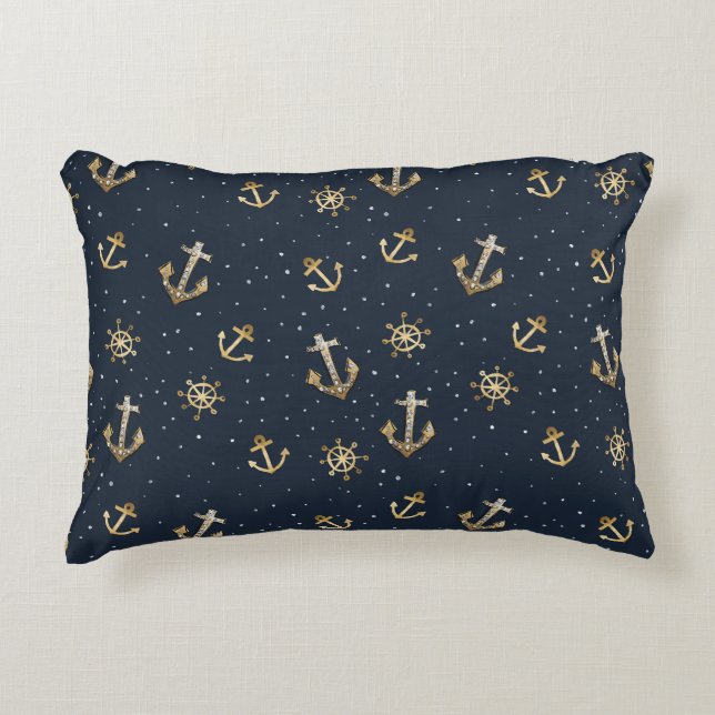 Nautical Guld Anchor & Helm Mönster på Blue Prydnadskudde (Framsidan)