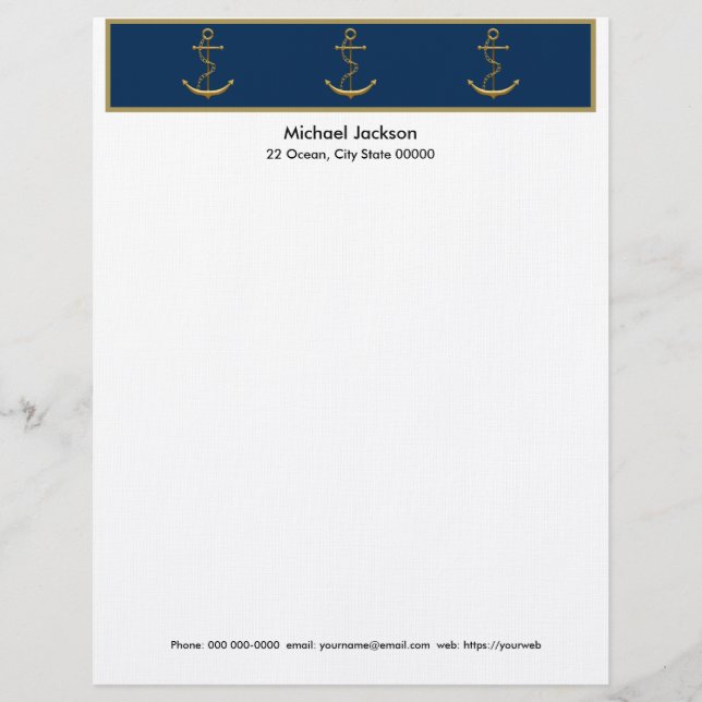 Nautical Guld Anchor Letterhead Stationery Brevhuvud (Framsida)