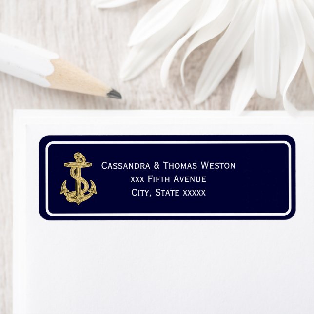 Nautical Guld Anchor Navy BG White Ram 2 Adress Returadress Etikett (Insitu)