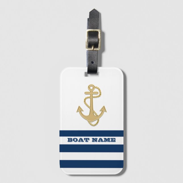 Nautical,Guld Anchor Navy Blue Rand Bagagebricka (Framsida vertikal)