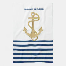 Nautical,Guld Anchor Navy Blue Rand