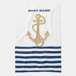 Nautical,Guld Anchor Navy Blue Rand Kökshandduk