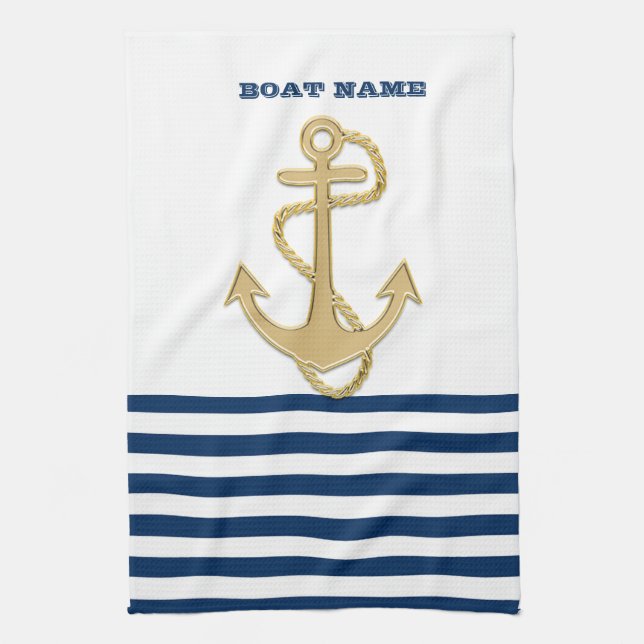 Nautical,Guld Anchor Navy Blue Rand Kökshandduk (Vertikal)