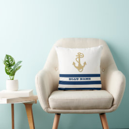 Nautical,Guld Anchor Navy Blue Rand Kudde