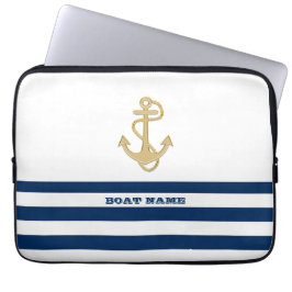 Nautical,Guld Anchor Navy Blue Rand Laptop Fodral