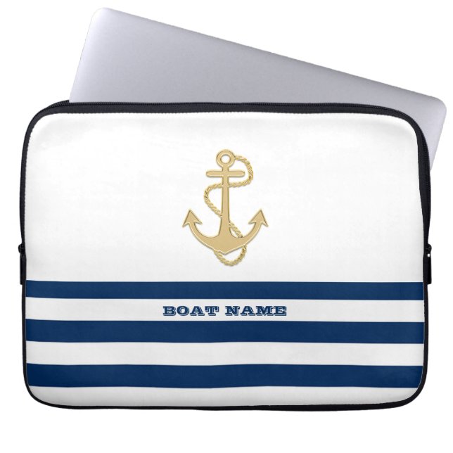 Nautical,Guld Anchor Navy Blue Rand Laptop Fodral (Framsidan)