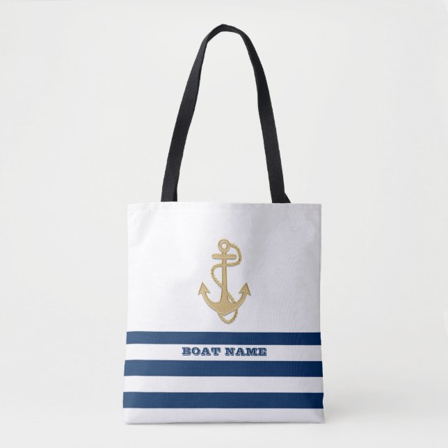 Nautical,Guld Anchor Navy Blue Rand Tygkasse (Framsida)