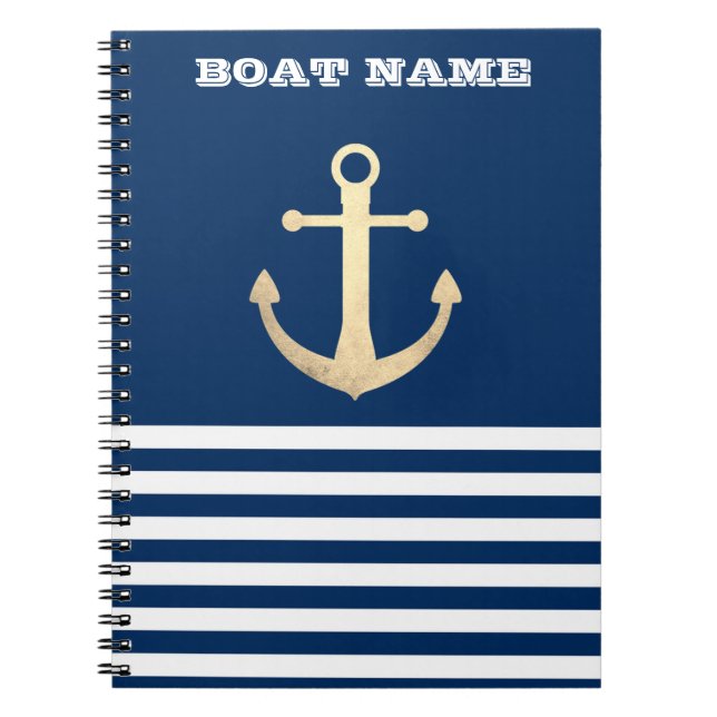 Nautical, Guld Anchor Navy Blue Stripe Anteckningsbok (Framsidan)