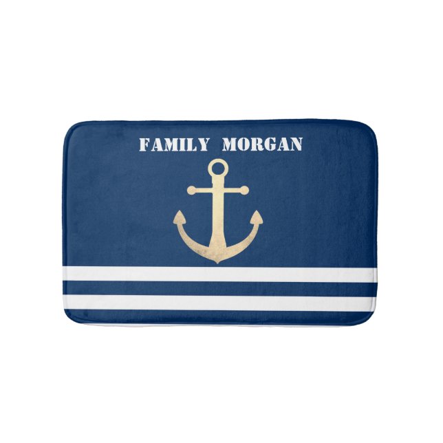 Nautical, Guld Anchor Navy Blue Stripe Badrumsmatta (Framsidan)