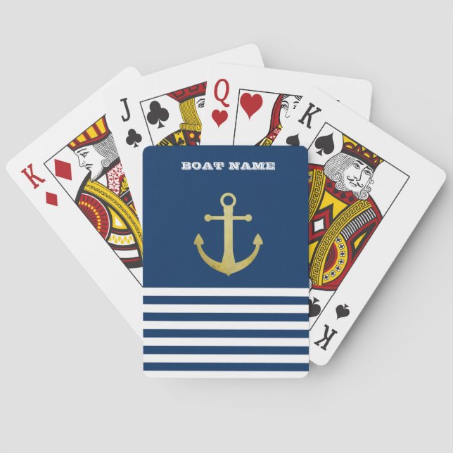 Nautical, Guld Anchor Navy Blue Stripe Casinokort (Baksidan)