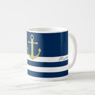 Nautical, Guld Anchor Navy Blue Stripe Kaffemugg
