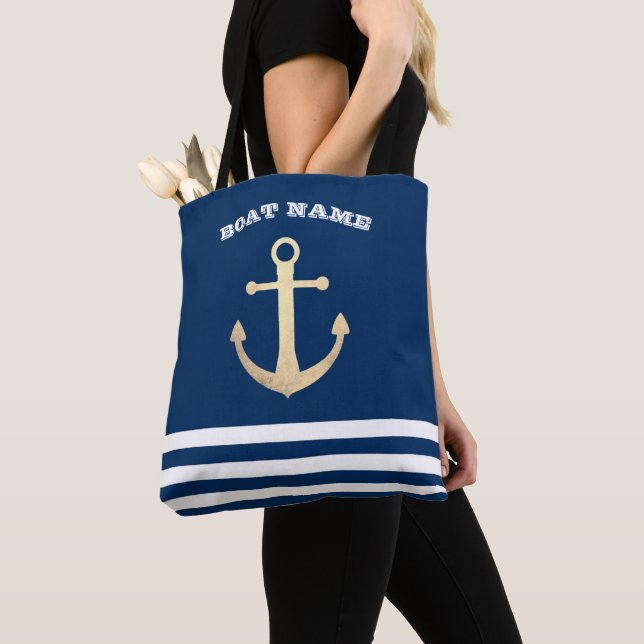Nautical, Guld Anchor Navy Blue Stripe Tygkasse (Närbild)