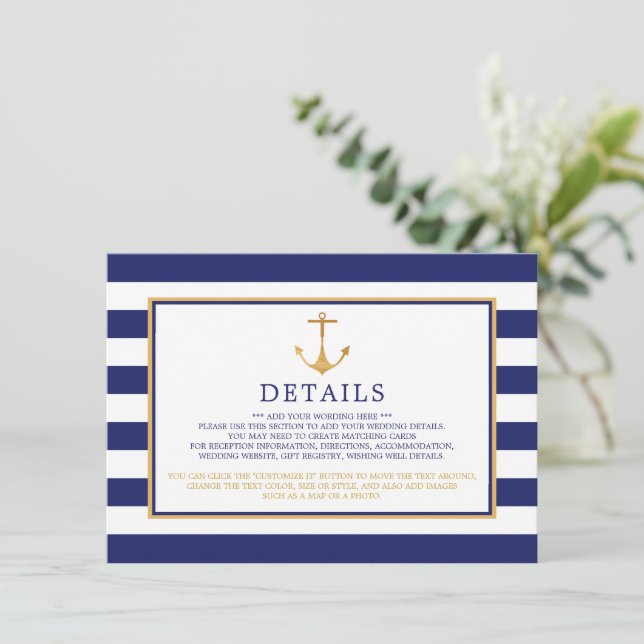 Nautical Guld Anchor, Navy & Guld Bröllop Detail Tilläggskort (Stående Fram)