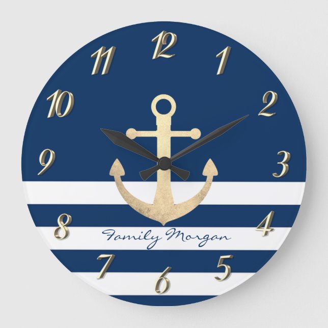 Nautical, Guld Anchor Navy Strecked Stor Klocka (Framsida)