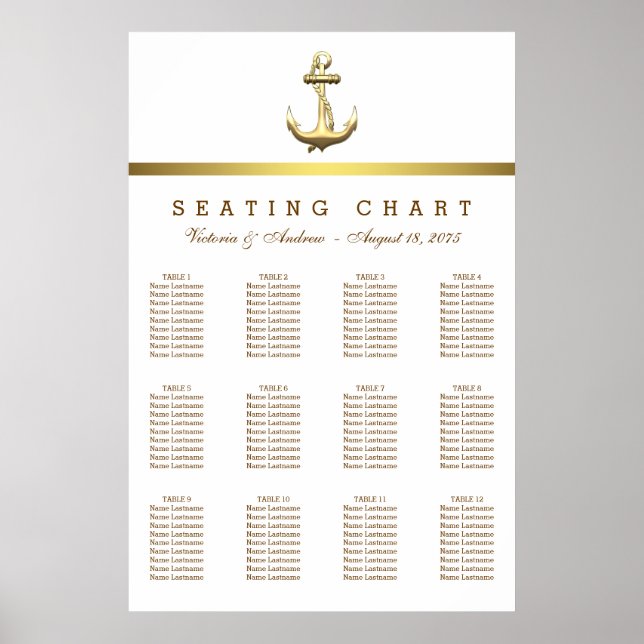 Nautical Guld Ankare Bröllops Sittplatskarta Poster (Framsidan)