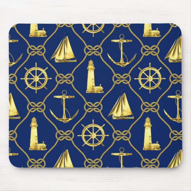 Nautical Guld Blue Lighthouse Sailboat Desk Musmatta (Framsidan)