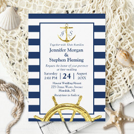Nautical Guld och Navy Blue Rand Bröllop Inbjudningar