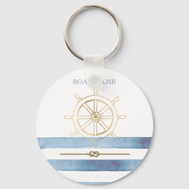 Nautical Guld Ratt, Blå Vattenfärg Ränder   Nyckelring (Framsida)