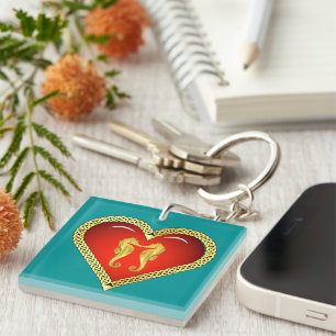 Nautical guld seahorse Celtic red eart/aqua